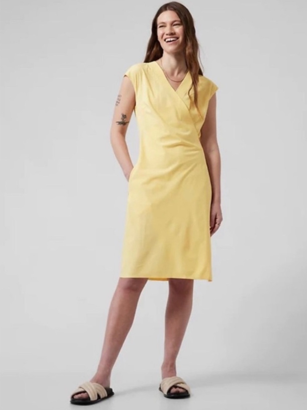 Athleta - Newport Wrap Dress - City Stripe Lunaria Yellow - Size Medium Tall